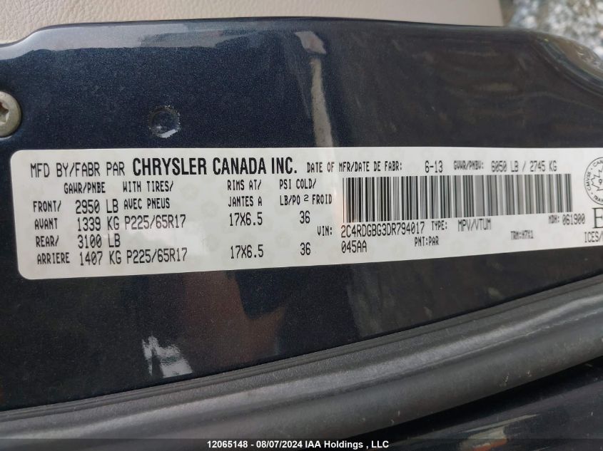 2013 Dodge Grand Caravan Se/Sxt VIN: 2C4RDGBG3DR794017 Lot: 12065148