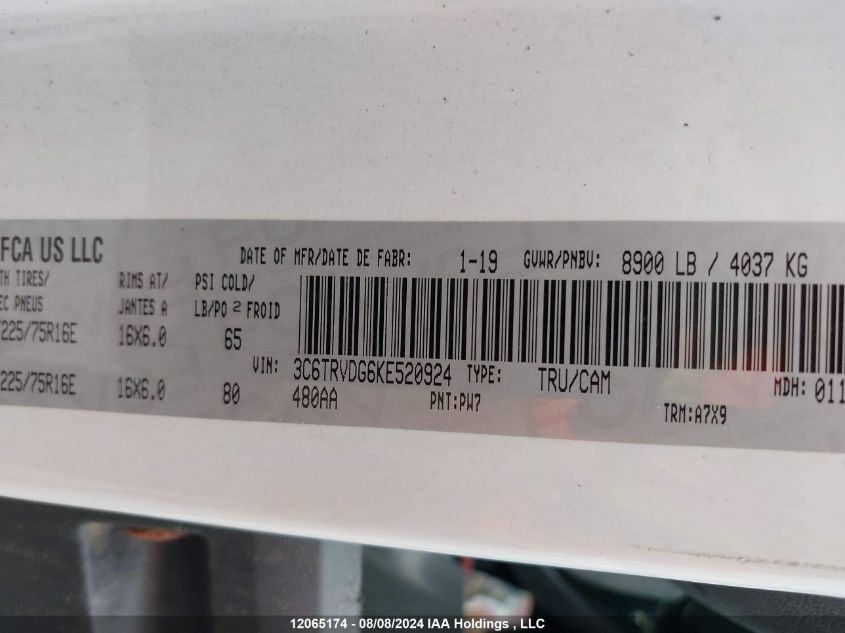 2019 Ram Promaster 2500 2500 High VIN: 3C6TRVDG6KE520924 Lot: 12065174