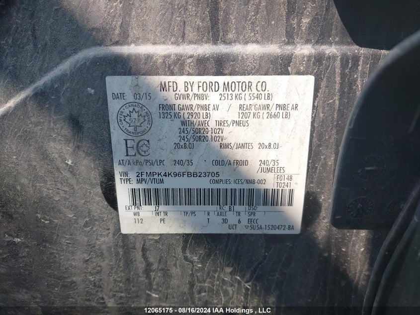 2015 Ford Edge Titanium VIN: 2FMPK4K96FBB23705 Lot: 12065175