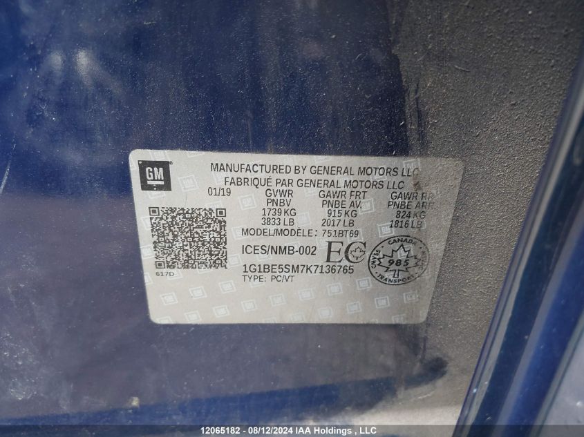 2019 Chevrolet Cruze VIN: 1G1BE5SM7K7136765 Lot: 12065182