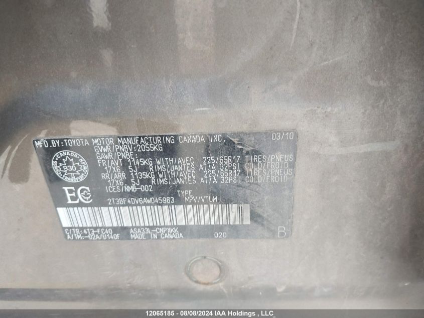 2010 Toyota Rav4 VIN: 2T3BF4DV6AW045963 Lot: 12065185