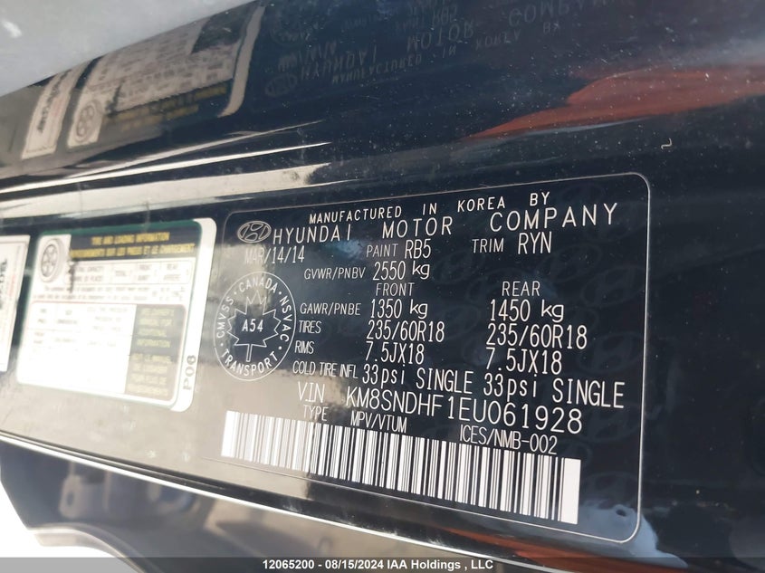 2014 Hyundai Santa Fe Xl Premium VIN: KM8SNDHF1EU061928 Lot: 12065200