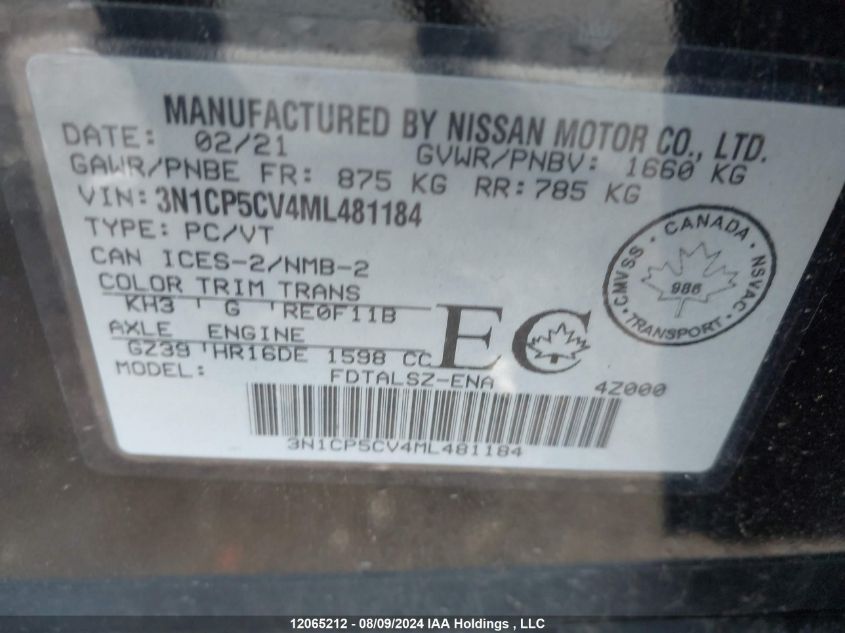 2021 Nissan Kicks Sv VIN: 3N1CP5CV4ML481184 Lot: 12065212