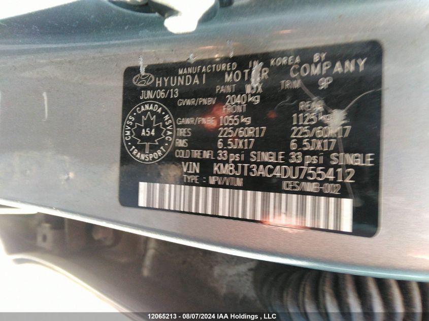 2013 Hyundai Tucson Gl VIN: KM8JT3AC4DU755412 Lot: 12065213
