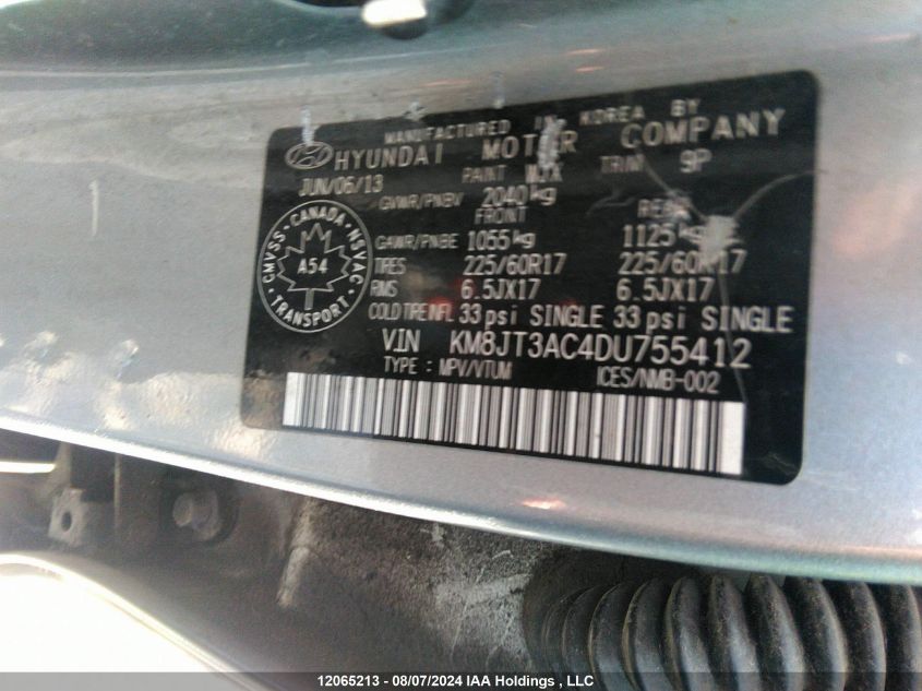 2013 Hyundai Tucson Gl VIN: KM8JT3AC4DU755412 Lot: 12065213
