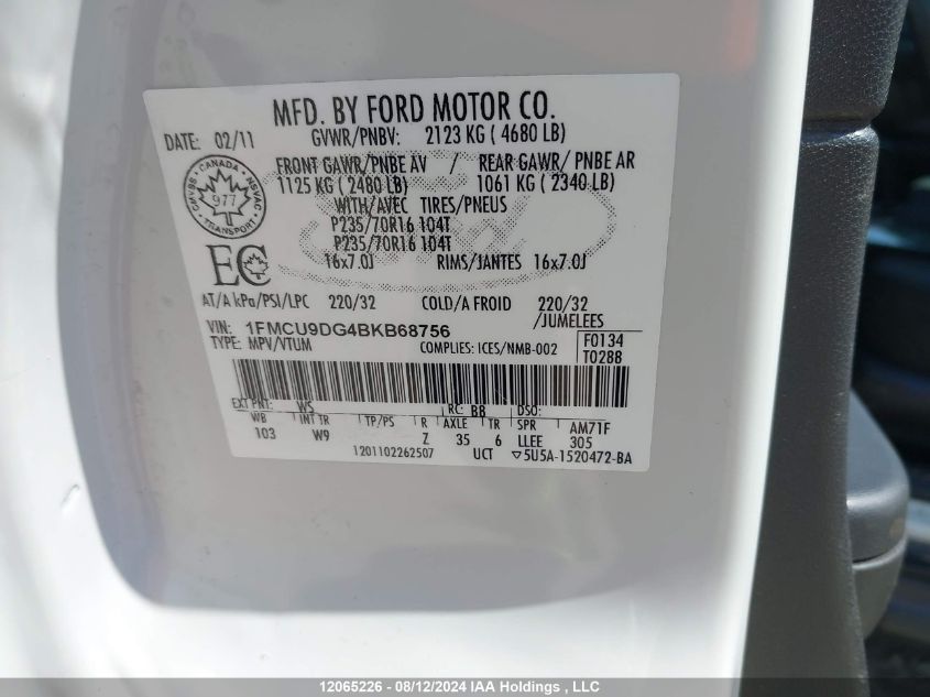2011 Ford Escape Xlt Automatic VIN: 1FMCU9DG4BKB68756 Lot: 12065226