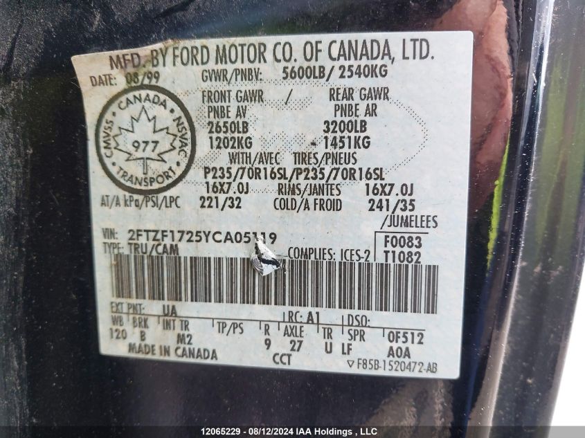 2000 Ford F150 VIN: 2FTZF1725YCA05119 Lot: 12065229