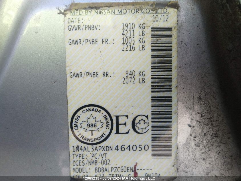 2013 Nissan Altima VIN: 1N4AL3APXDN464050 Lot: 12065235