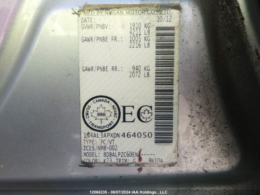 2013 Nissan Altima VIN: 1N4AL3APXDN464050 Lot: 12065235