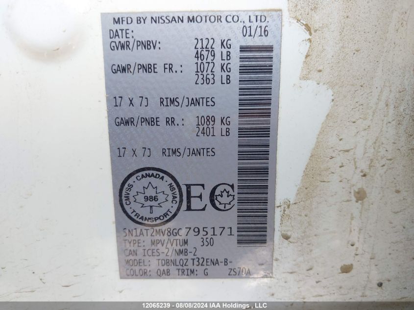 2016 Nissan Rogue VIN: 5N1AT2MV8GC795171 Lot: 12065239