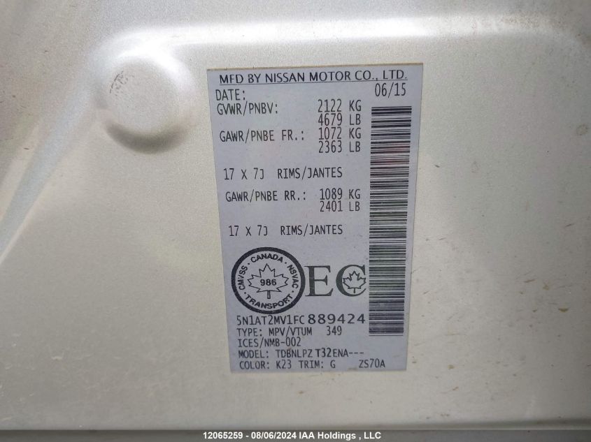 2015 Nissan Rogue S/Sl/Sv VIN: 5N1AT2MV1FC889424 Lot: 12065259