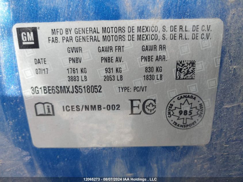 2018 Chevrolet Cruze VIN: 3G1BE6SMXJS518052 Lot: 12065273