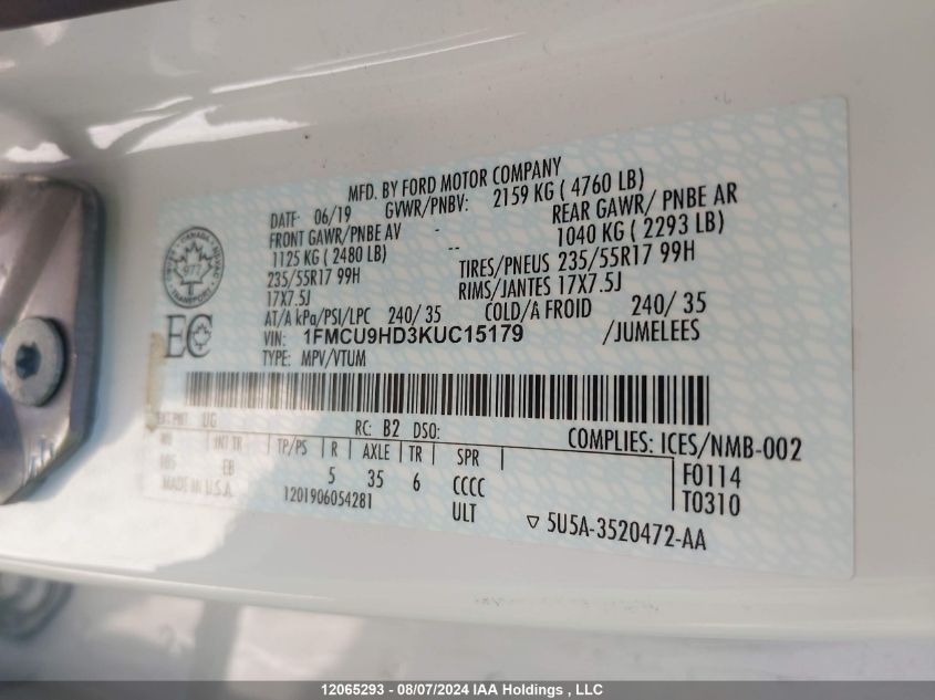 2019 Ford Escape Sel VIN: 1FMCU9HD3KUC15179 Lot: 12065293