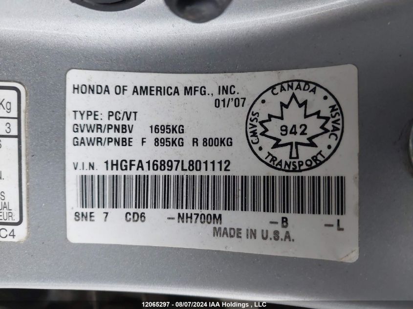 2007 Honda Civic Ex 4Dr VIN: 1HGFA16897L801112 Lot: 12065297