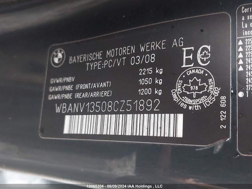 2008 BMW 5 Series VIN: WBANV13508CZ51892 Lot: 12065304