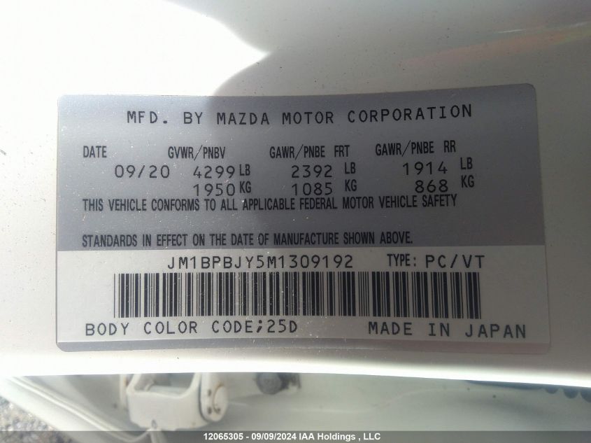 2021 Mazda 3 VIN: JM1BPBJY5M1309192 Lot: 12065305