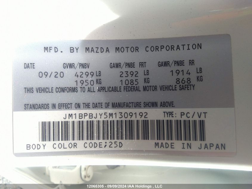 2021 Mazda 3 VIN: JM1BPBJY5M1309192 Lot: 12065305