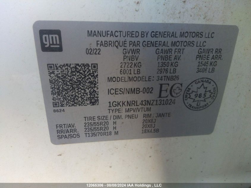 1GKKNRL43NZ131024 2022 GMC Acadia