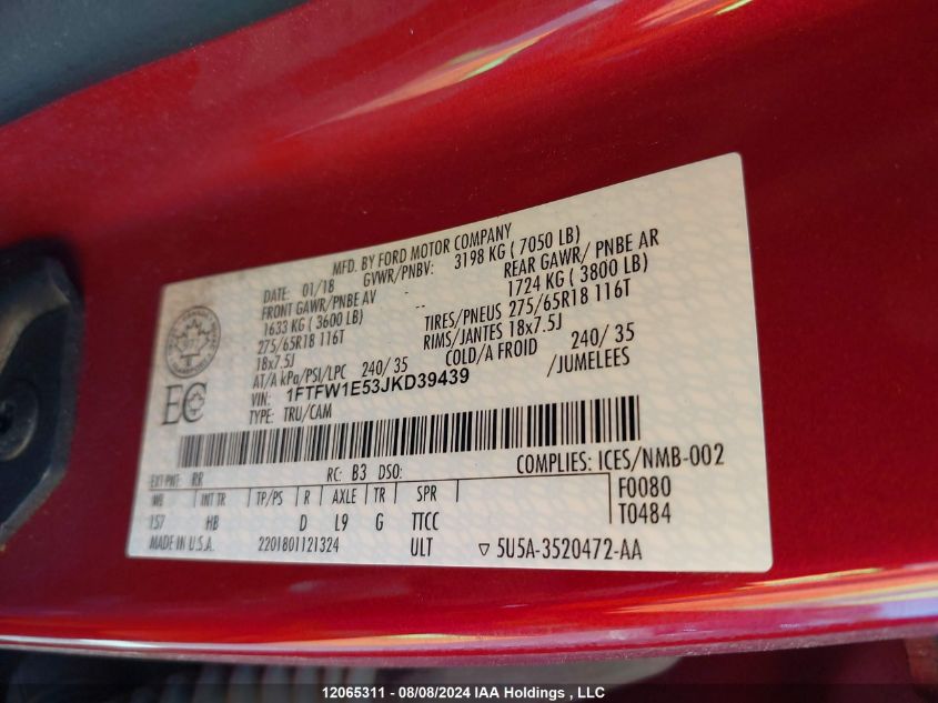 2018 Ford F150 Supercrew VIN: 1FTFW1E53JKD39439 Lot: 12065311