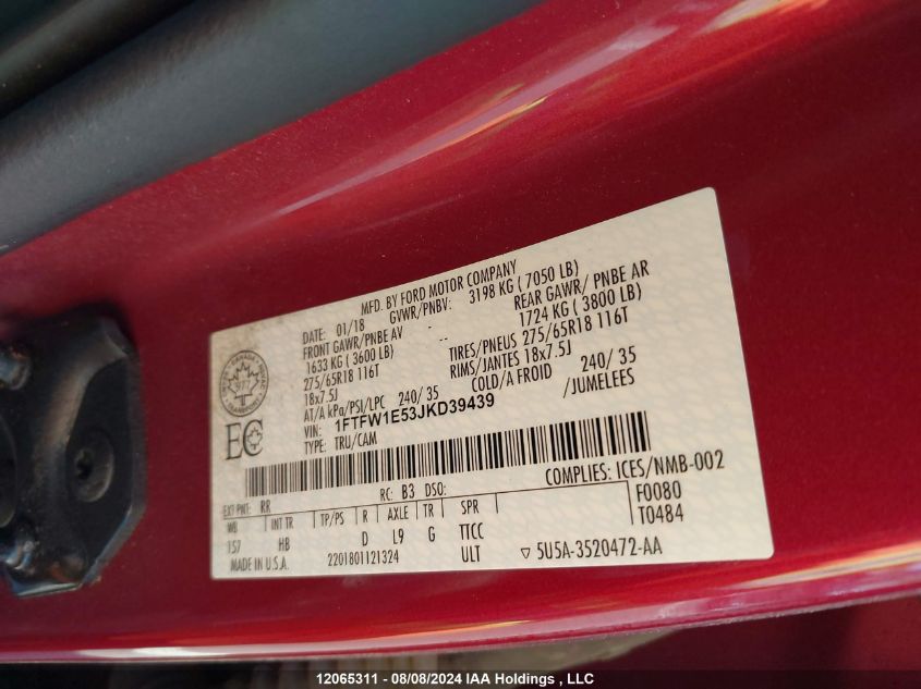 2018 Ford F150 Supercrew VIN: 1FTFW1E53JKD39439 Lot: 12065311