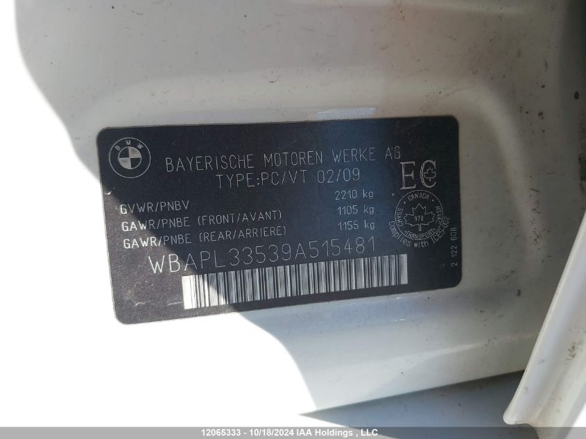2009 BMW 3 Series VIN: WBAPL33539A515481 Lot: 12065333
