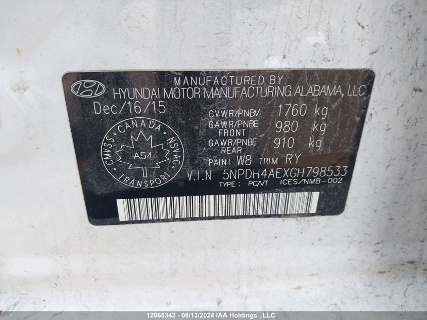 2016 Hyundai Elantra Se/Sport/Limited VIN: 5NPDH4AEXGH798533 Lot: 12065342