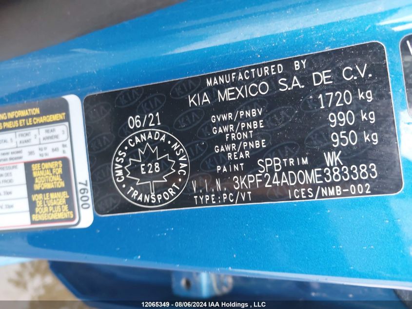 2021 Kia Forte Fe/Lxs VIN: 3KPF24ADOME383383 Lot: 12065349