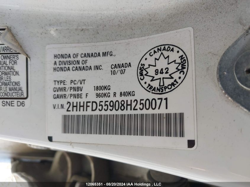 2008 Acura Csx VIN: 2HHFD55908H250071 Lot: 12065351