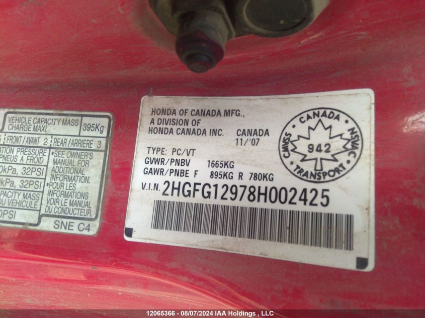 2008 Honda Civic Exl VIN: 2HGFG12978H002425 Lot: 12065366