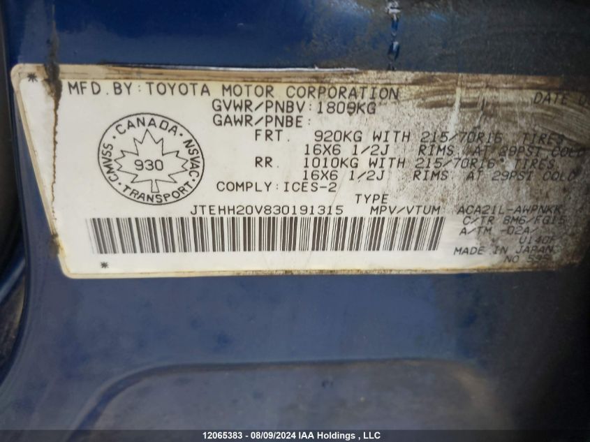 2003 Toyota Rav4 VIN: JTEHH20V830191315 Lot: 12065383