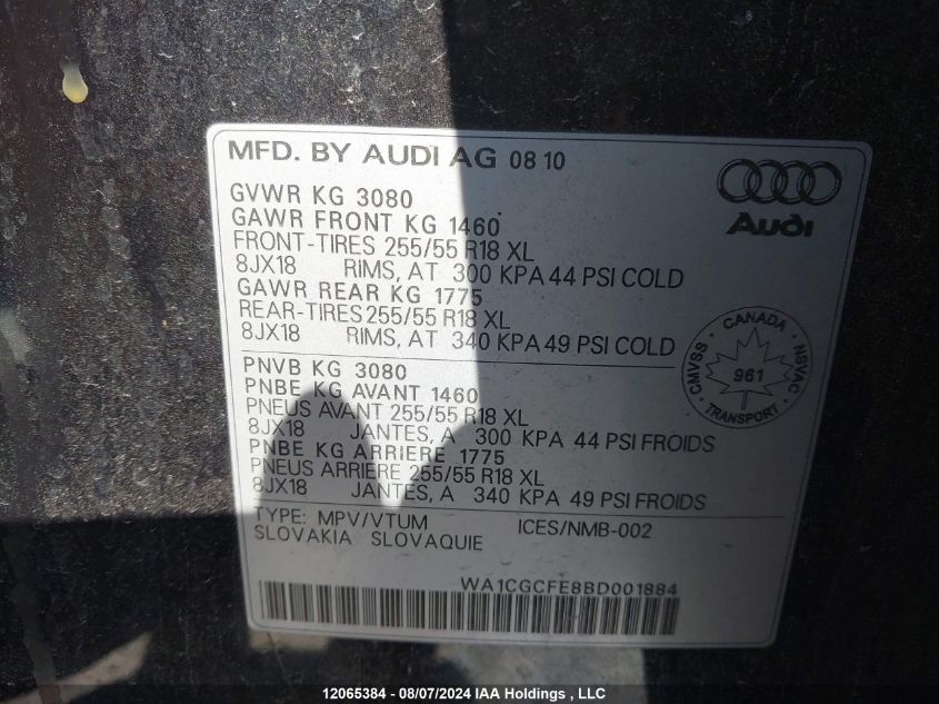 2011 Audi Q7 VIN: WA1CGCFE8BD001884 Lot: 12065384