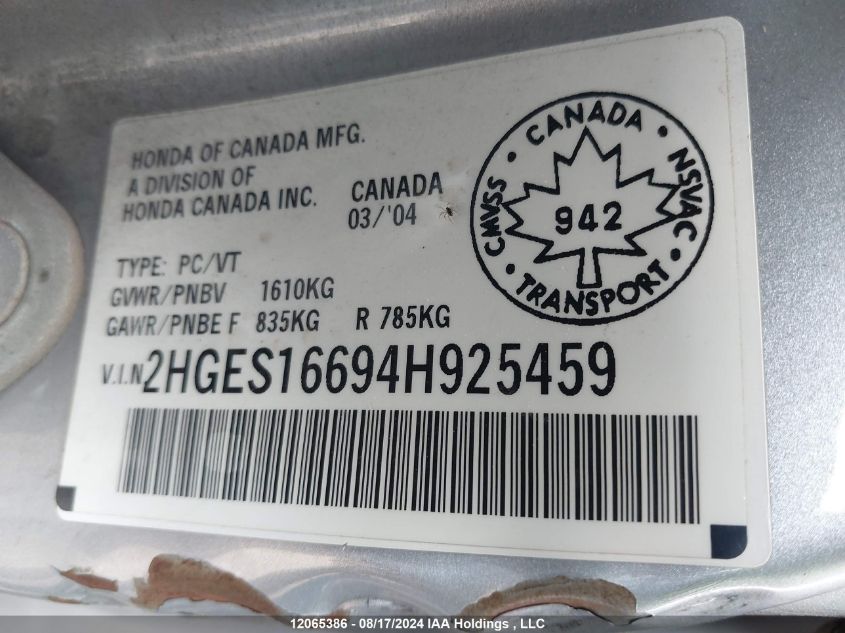 2004 Honda Civic Sdn VIN: 2HGES16694H925459 Lot: 12065386