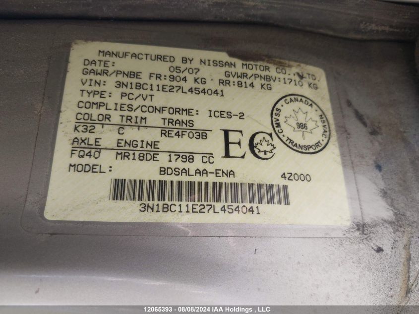 2007 Nissan Versa VIN: 3N1BC11E27L454041 Lot: 12065393