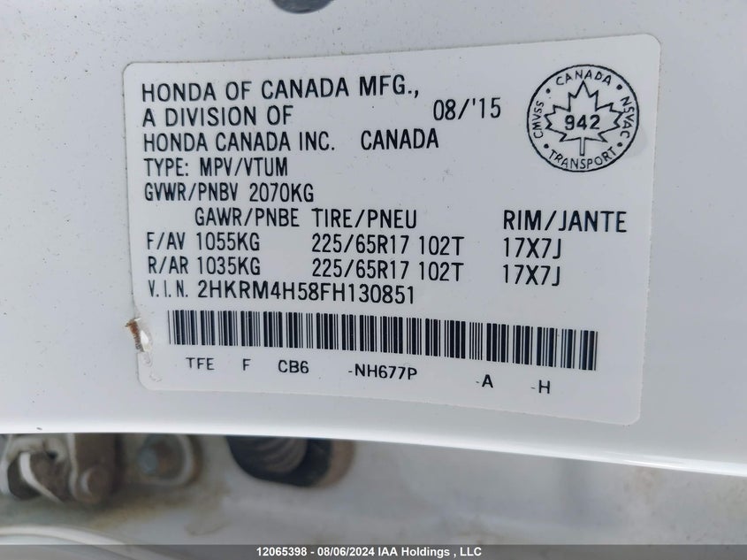 2015 Honda Cr-V VIN: 2HKRM4H58FH130851 Lot: 12065398