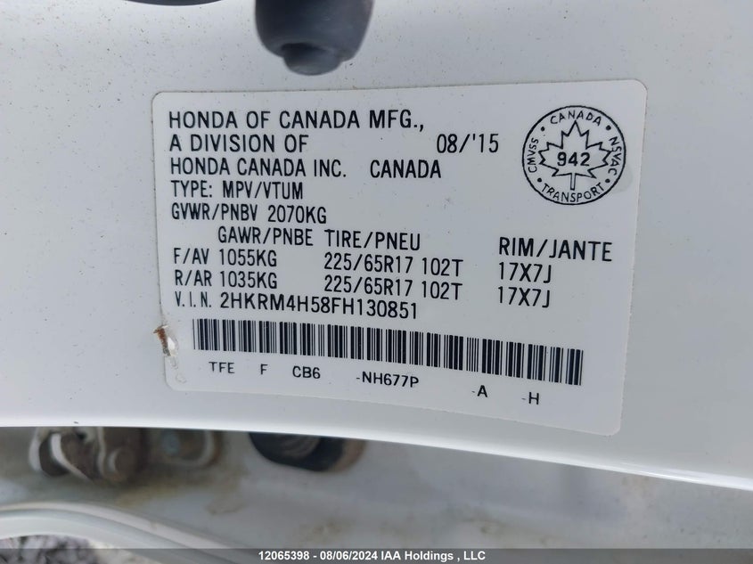 2015 Honda Cr-V VIN: 2HKRM4H58FH130851 Lot: 12065398