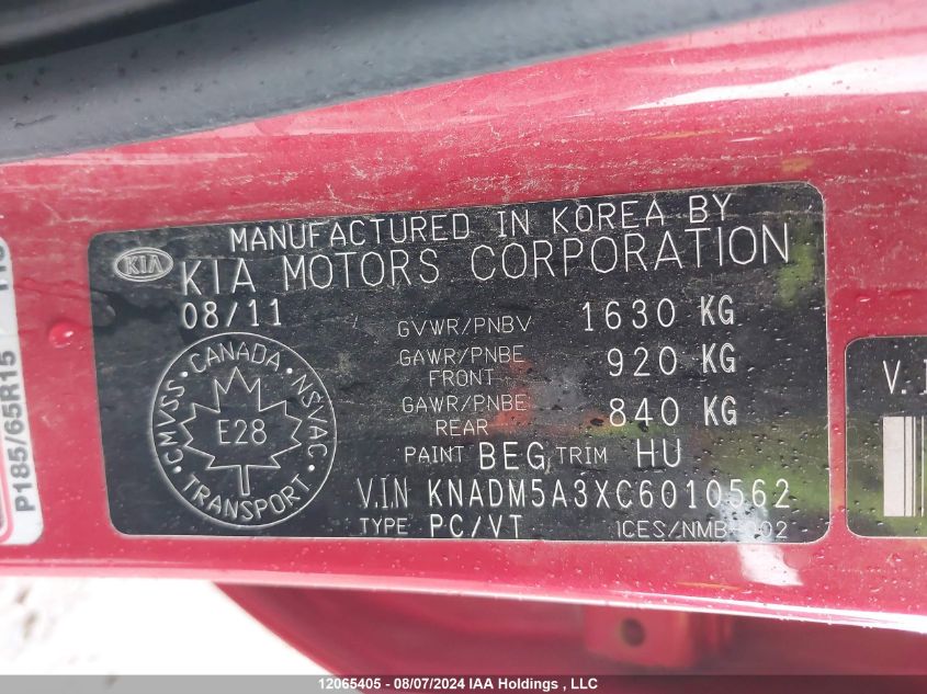 2012 Kia Rio Lx VIN: KNADM5A3XC6010562 Lot: 12065405