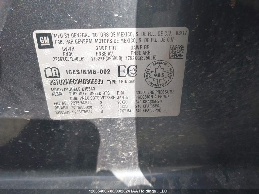 2017 GMC Sierra 1500 VIN: 3GTU2MEC0HG365999 Lot: 12065406