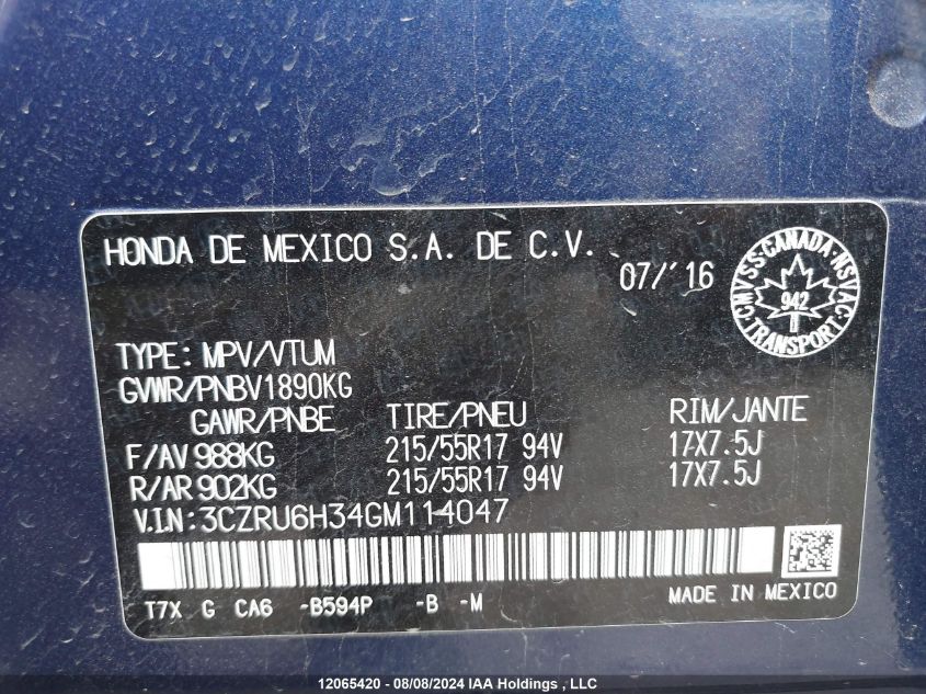 2016 Honda Hr-V VIN: 3CZRU6H34GM114047 Lot: 12065420