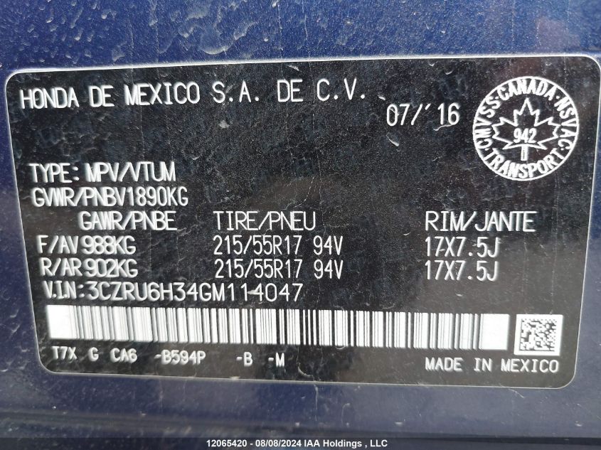 2016 Honda Hr-V VIN: 3CZRU6H34GM114047 Lot: 12065420