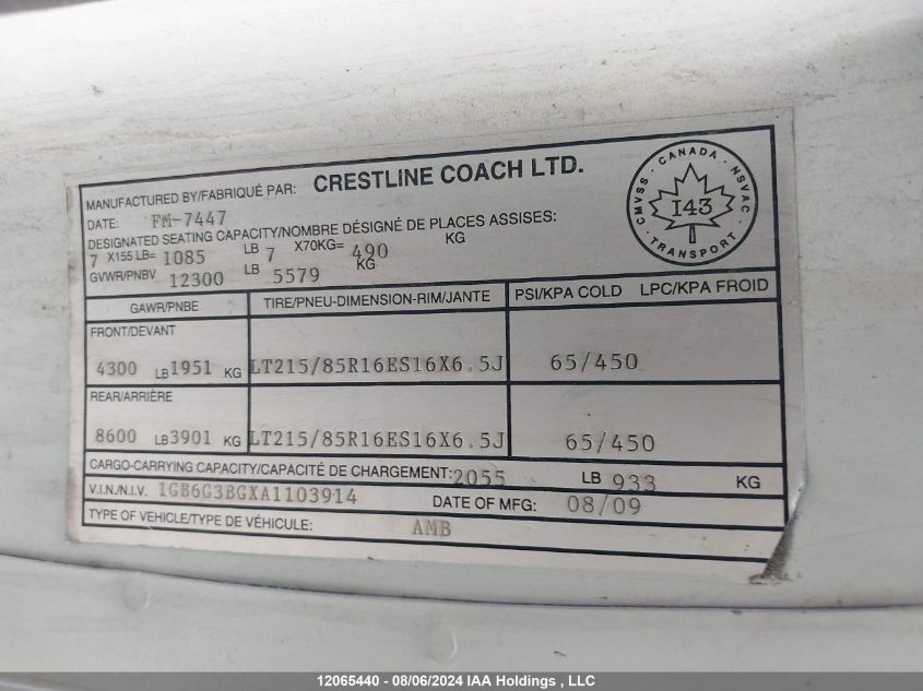 2010 Chevrolet Express G3500 VIN: 1GB6G3BGXA1103914 Lot: 12065440