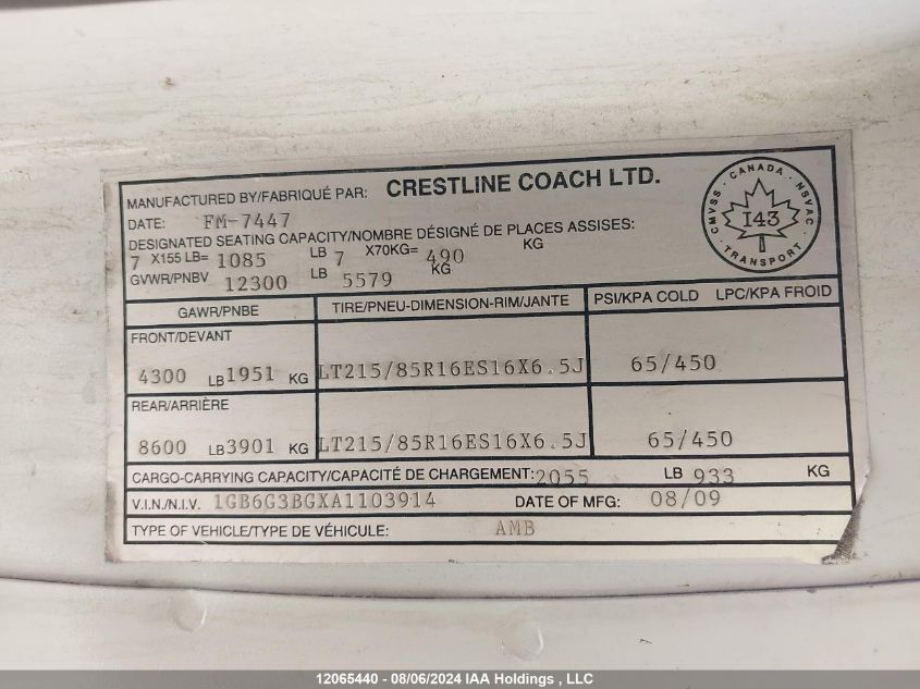 2010 Chevrolet Express G3500 VIN: 1GB6G3BGXA1103914 Lot: 12065440