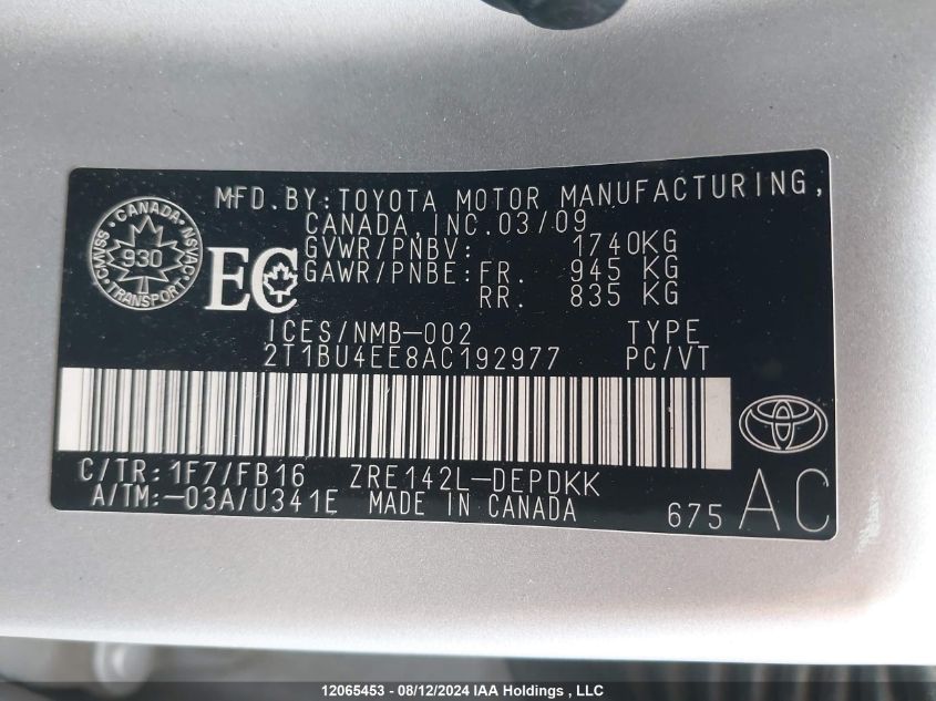 2010 Toyota Corolla VIN: 2T1BU4EE8AC192977 Lot: 12065453