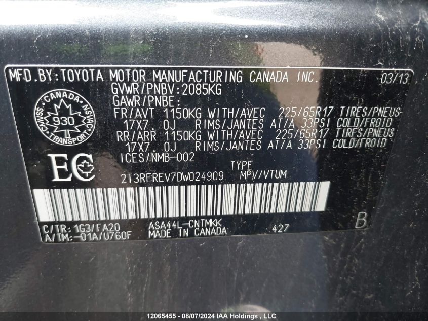 2T3RFREV7DW024909 2013 Toyota Rav4 Xle