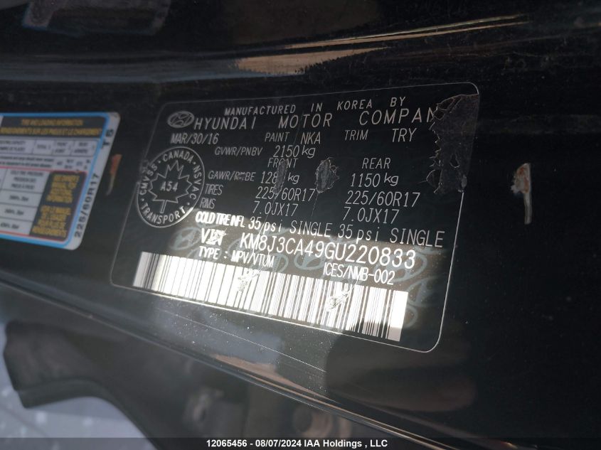 2016 Hyundai Tucson Limited/Sport And Eco/Se VIN: KM8J3CA49GU220833 Lot: 12065456
