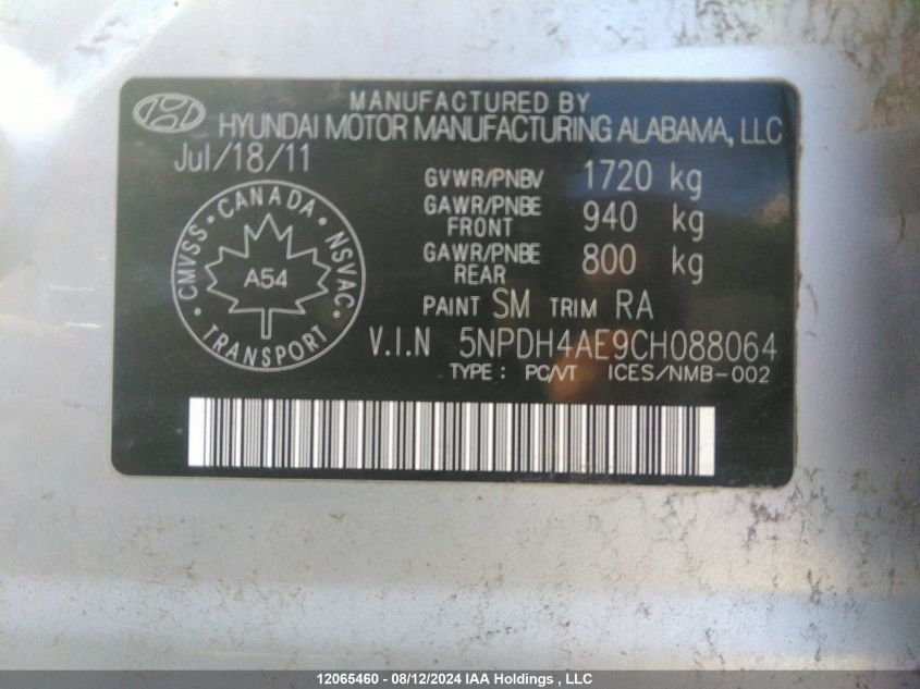 2012 Hyundai Elantra VIN: 5NPDH4AE9CH088064 Lot: 12065460