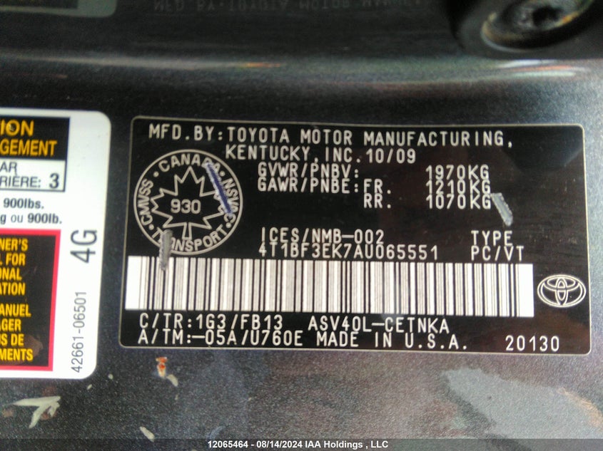 2010 Toyota Camry VIN: 4T1BF3EK7AU065551 Lot: 12065464