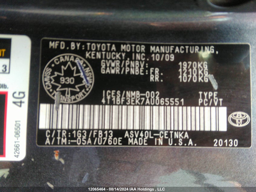 2010 Toyota Camry VIN: 4T1BF3EK7AU065551 Lot: 12065464