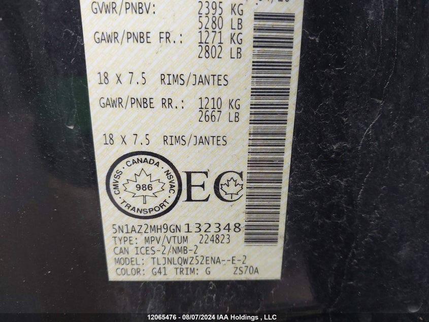 2016 Nissan Murano S/Sl/Sv/Platinum VIN: 5N1AZ2MH9GN132348 Lot: 12065476