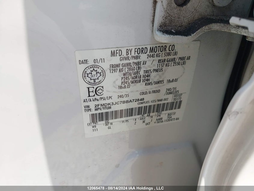 2011 Ford Edge Sel VIN: 2FMDK3JC7BBA72848 Lot: 12065478