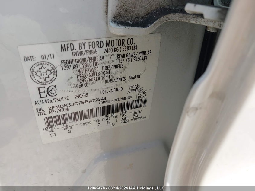 2011 Ford Edge Sel VIN: 2FMDK3JC7BBA72848 Lot: 12065478